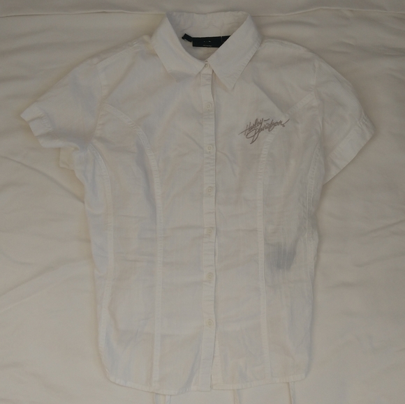 Harley Davidson White Short Sleeve Tie Back Drawstring Cinched Button Down Top - Picture 6 of 8